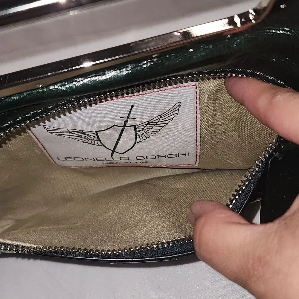 Leonello Borghi Y2K Style Dark Green Fold Over Clutch With Silvertone Hardware